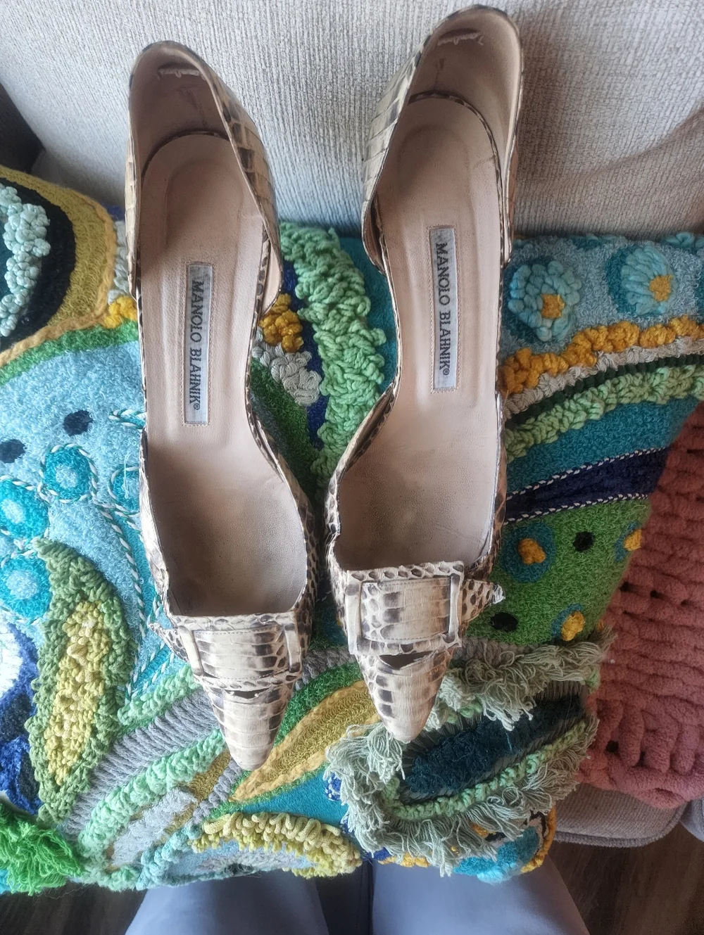 Manolo Blahnik Women's Beige Snakeskin Pointed-Toe Pumps